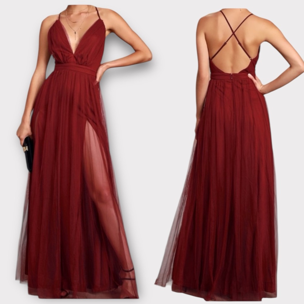 Lulus Rare Beauty Burgundy Tulle Open Back Maxi Prom Formal Dress Gown, sz Small